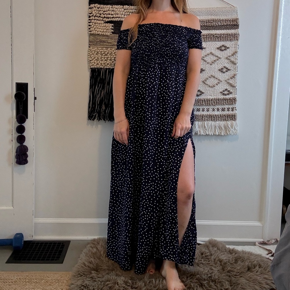 Off-Shoulder navy Polka Dot Dress